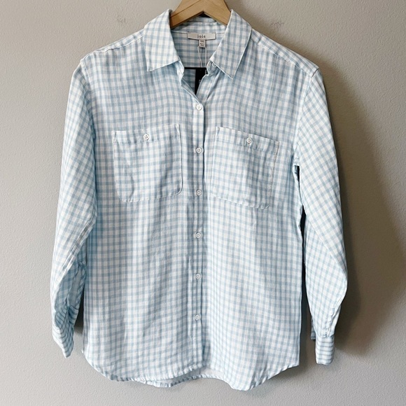 Joie NWT Lidelle Cotton Gauze Button Down Gingham Shirt Blue/White Size XXS $228 - Picture 4 of 14